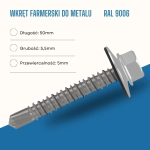 Wkręt farmerski do metalu 5,5X50 mm przewiercalność 5 mm w kolorze RAL 9006